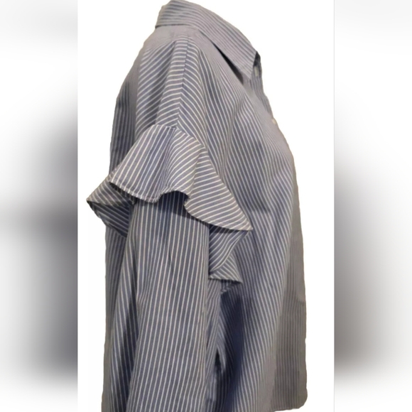 Zara Woman Blue Pinstripe Ruffle Shoulder Frill Button UP Long Sleeve Blouse PL - Picture 9 of 15